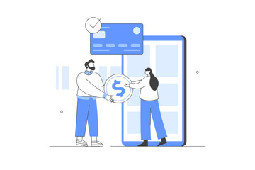 Characters paying online and receiving bonus money or reward back on credit card. Cashback, financial savings and money refund concept. Flat Cartoon Vector Illustration, icon. Stylish, Minimalist 