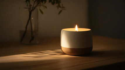 A Lit Candle in a Minimalist Ceramic Holder Casts Warm Shadows on a Wooden Table