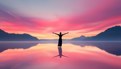 Serene beach sunset, radiant skies with a silhouetted woman embracing natures beauty, arms open wide