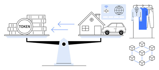 Tokens and physical assets balanced on scales, including house, car, and clothing store. Blockchain connections. Ideal for finance, investment, cryptocurrency, digital transactions blockchain asset