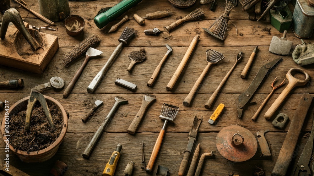 Poster a collection of various hand tools arranged on a wooden surface for craftsmanship.