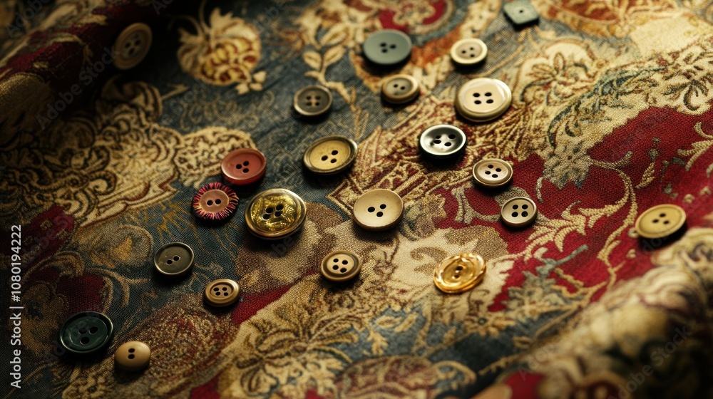 Aufkleber a collection of colorful buttons scattered on a textured fabric background.