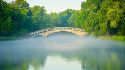 Fototapeta premium Stone bridge over a river with morning fog.