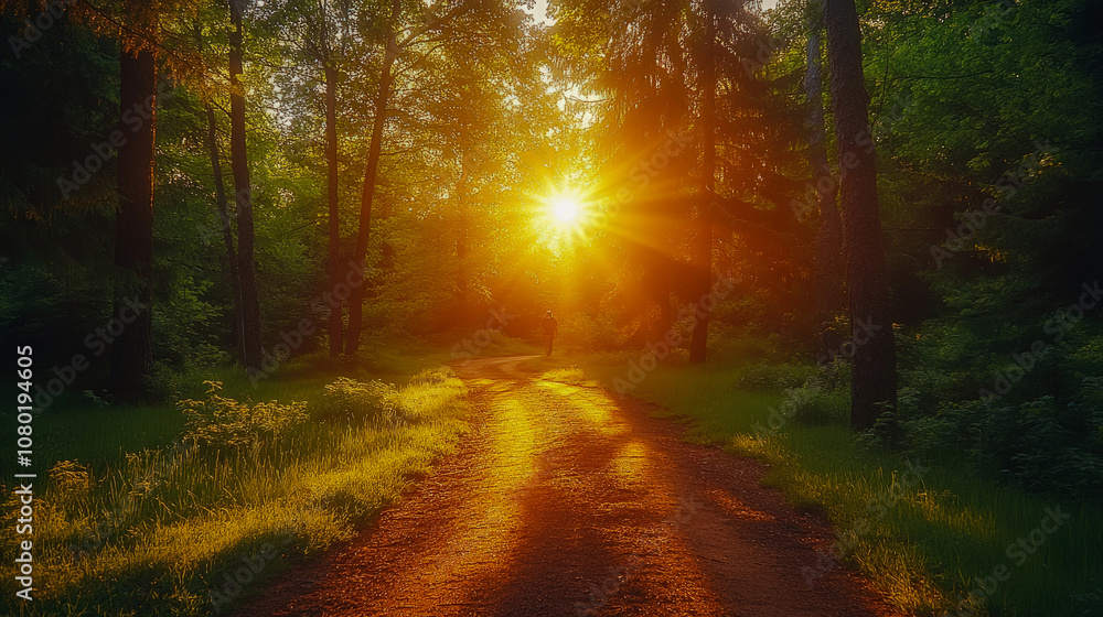 Aufkleber sunlight filters through the trees, casting a warm glow on the forest path as day transitions into n
