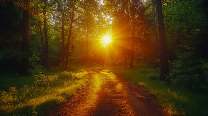 Obraz premium Sunlight filters through the trees, casting a warm glow on the forest path as day transitions into night in this serene outdoor setting