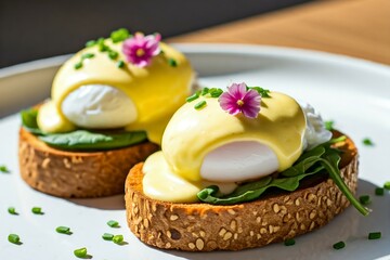 Two eggs benedict with hollandaise sauce and flowers on seeded toast.
