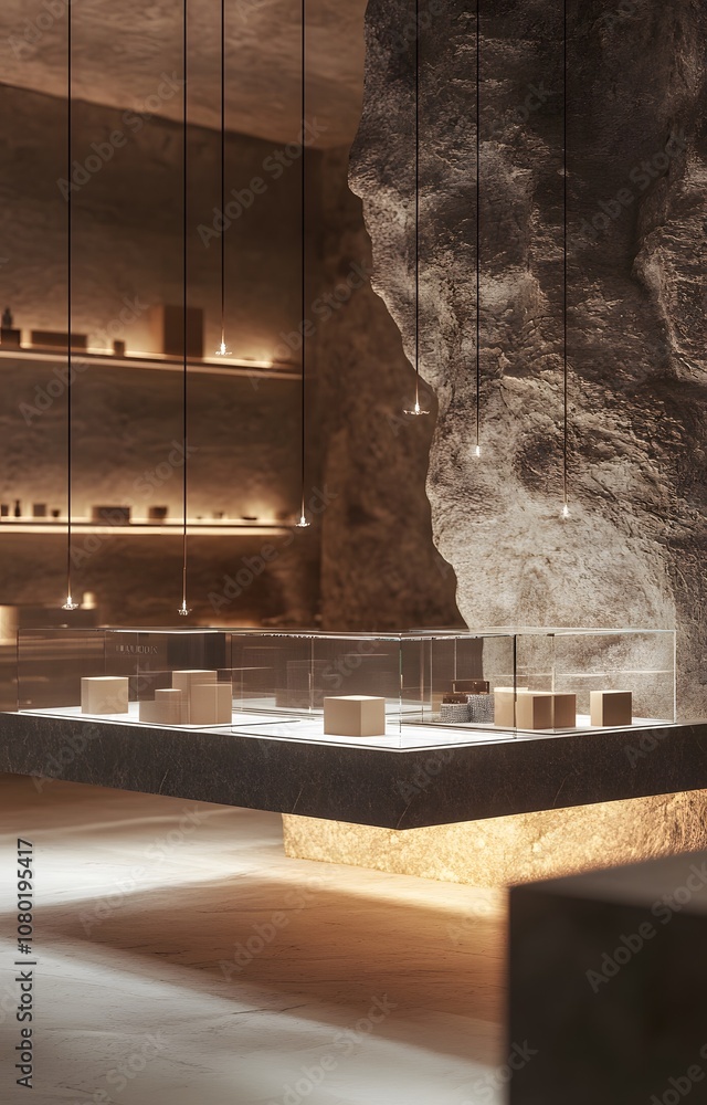 Poster 70. a sleek 3d setting with transparent floating surfaces and ambient light, leaving ample room for 