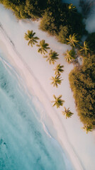 A relaxing beach wallpaper with soft white sand, clear turquoise water, and palm trees swaying in the breeze, bathed in warm golden light.
