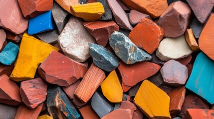 Colorful assortment of natural stones and pebbles arranged in a decorative pattern outdoors during daylight