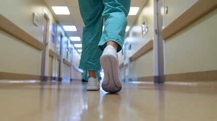 Fototapeta premium A healthcare worker walks down a brightly lit corridor in a hospital, wearing scrubs and comfortable shoes, embodying dedication and care during their busy shift