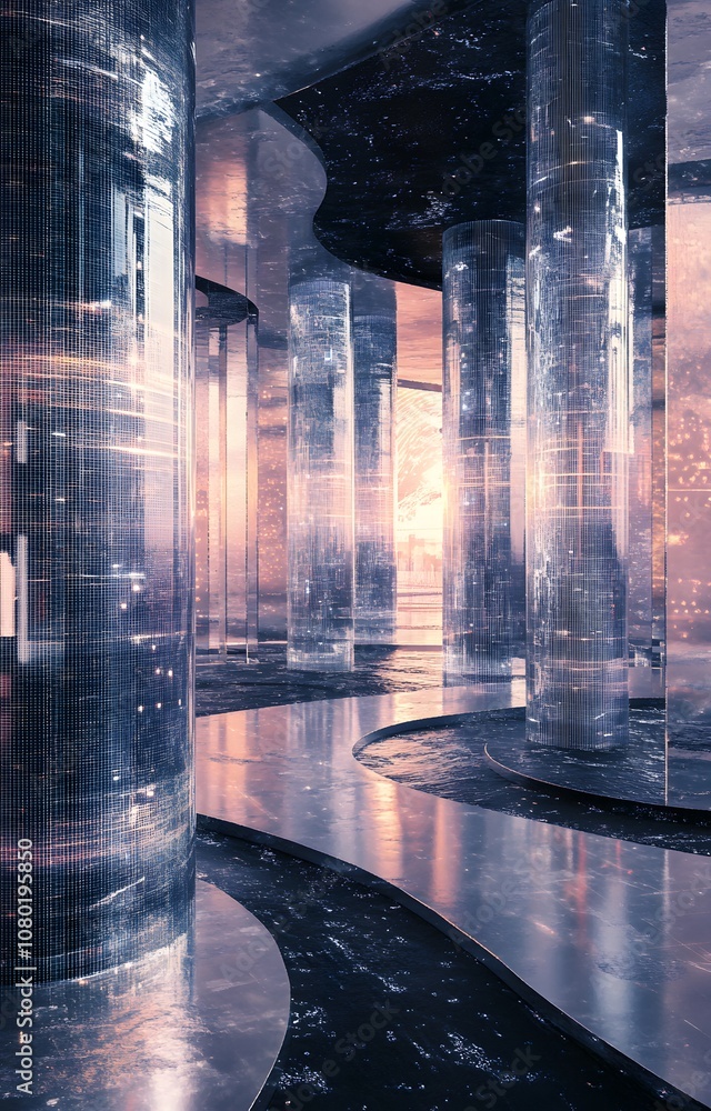 Poster 71. a futuristic 3d environment with rotating digital grids and soft lighting effects, offering spac