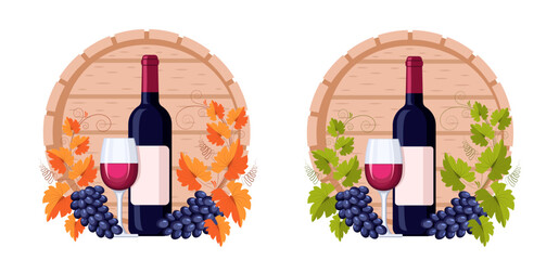 Barrel, bottle, glass of red wine and grape branch with bunches of grapes and leaves. Concept of winemaking, production and sale of wine, growing grapes. Vector vintage pattern for menus and labels.