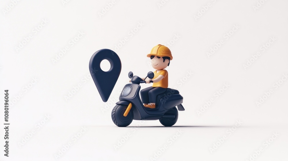 Poster a cartoon figure on a scooter next to a location pin, representing delivery or navigation.