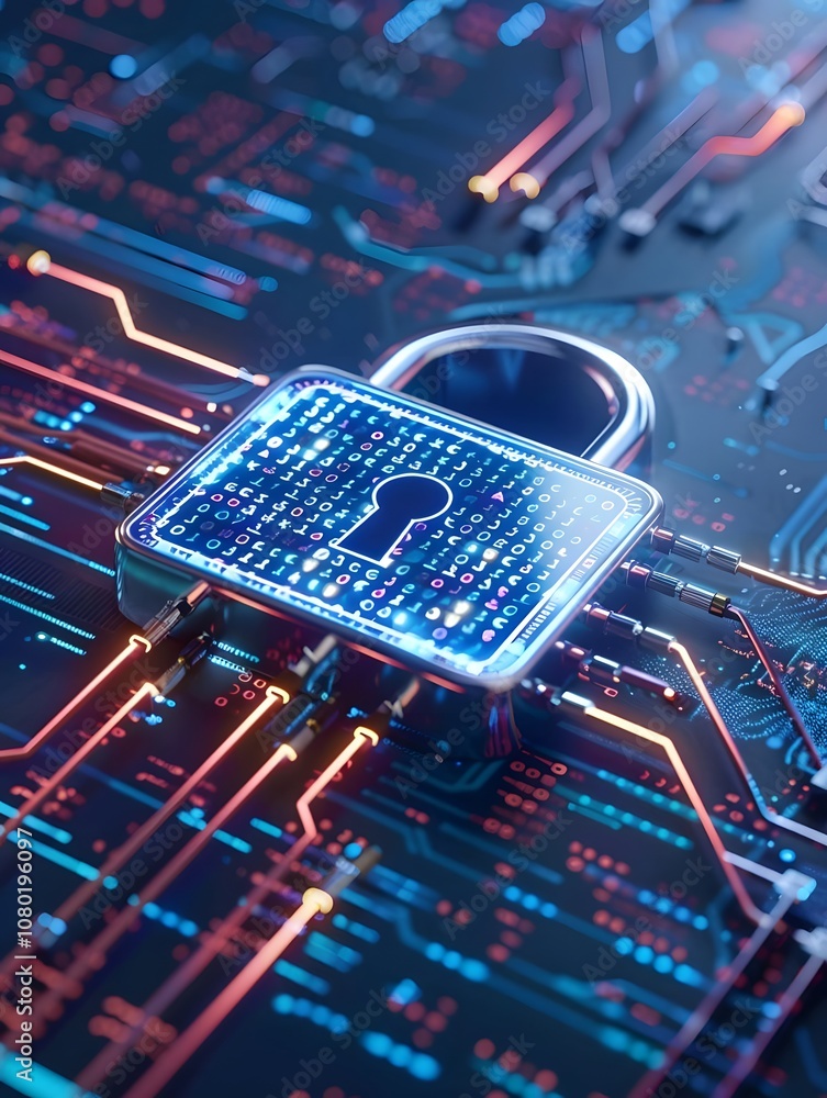 Poster a digital padlock on a circuit board, symbolizing cybersecurity and data protection.
