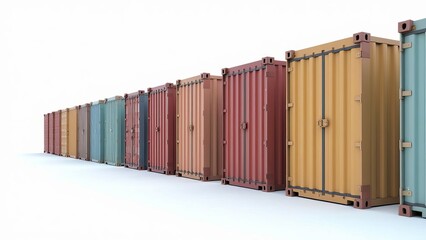 A row of large shipping containers are lined up in a row