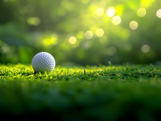 Close-up of a golf ball resting on vibrant green grass with a blurred, sunlit background. Perfect for concepts of focus, relaxation, and outdoor sports.