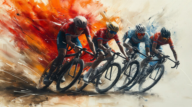 Group of cyclists racing, depicted in vibrant, dynamic art.