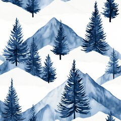 Fototapeta premium Indigo Mountains Watercolor Winter Landscape Snowy Peaks Evergreen Trees