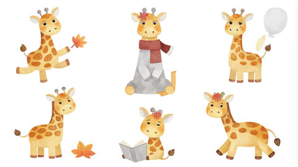 Obraz premium Cute cartoon giraffe character set. Vector illustration isolated on white background.