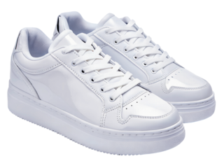 Sport shoes isolated on transparent background, pair of shiny trendy footwear, white casual sneakers for fitness, running, gym, walking, wellness, training, exercising, stylish and professional design