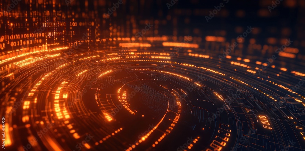 Poster Abstract digital swirl of glowing orange and black lines representing data flow.