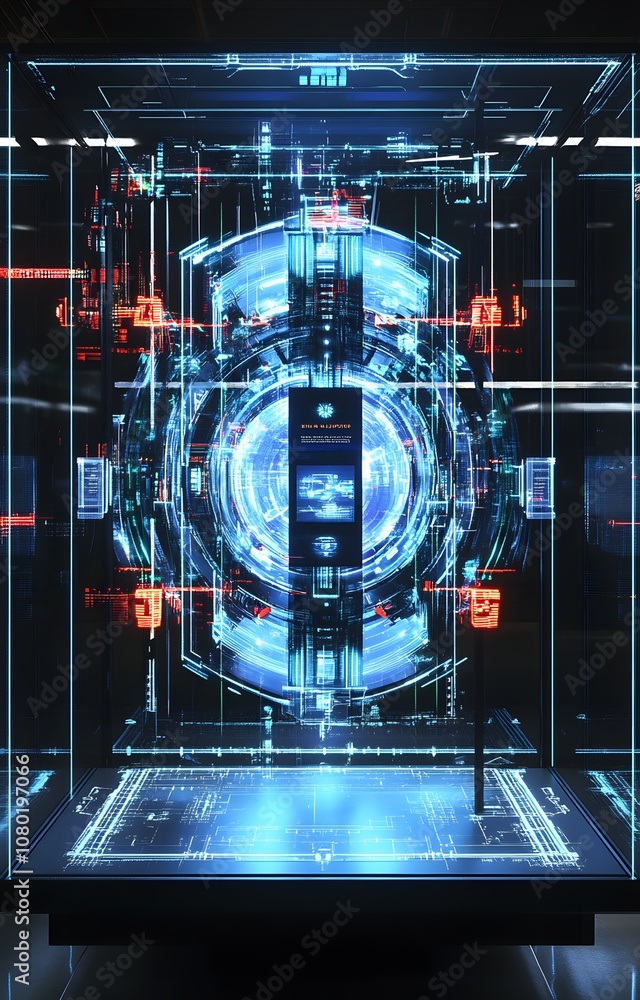Poster 73. a high-tech 3d display with holographic elements, glowing edges, and ample space for a product i