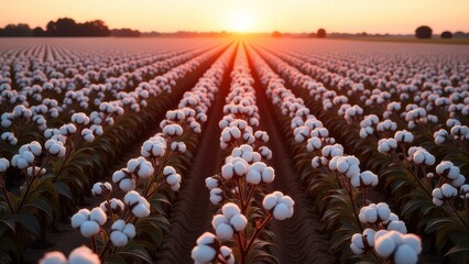 Fototapeta premium A field of cotton flowers with the sun setting in the background