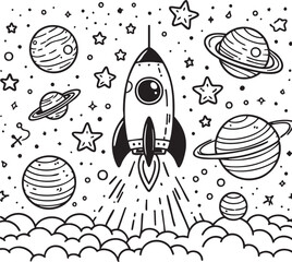 coloring page.A whimsical rocket launches through a galaxy filled with stars and planets in a black and white illustration