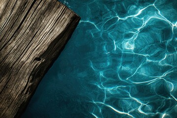 Rustic wooden boards against rippling blue pool water, tropical summer vibes