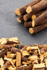 Glycyrrhiza glabra - Dried and medicinal licorice stems.