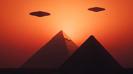 Surreal landscape the iconic pyramids of egypt against vivid orange sunset. two flying saucers hover above, blending ancient architecture with sci-fi intrigue.