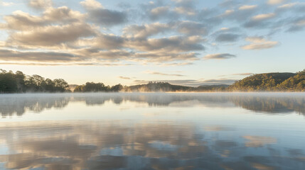 Fototapeta premium Tranquil lake at dawn reflects the soft colors of the sky and surrounding greenery. light mist adds an ethereal touch, perfect for nature and wellness themes.
