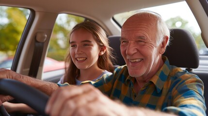 A cheerful grandfather guides his smiling granddaughter as she learns to drive, surrounded by the warmth of a sunny day and the bond of family in the car.