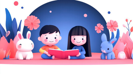 Fototapeta premium Whimsical illustration captures childhood joy with boy and girl engrossed in large book, accompanied by white rabbit and blue bunny, amidst vibrant, dreamy backdrop.