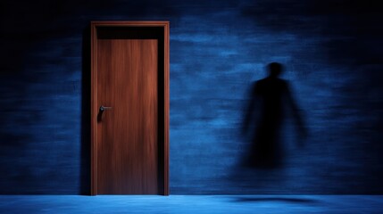 Obraz premium A closed wooden door against a deep blue wall creates an aura of mystery. Subtle lighting casts dramatic shadows, perfect for themes of suspense and the unknown.