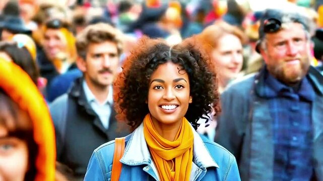 curly-haired young woman wearing a yellow scarf, who walks among the crowds of people on the street