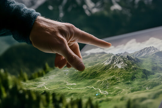 A person using a holographic map to plan a hiking route in the mountains. A user navigating with a holographic guide.


