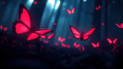 A mystical forest glows with soft light, while vibrant red butterflies dance among deep blues and blacks of trees, creating a magical atmosphere perfect for fantasy projects.