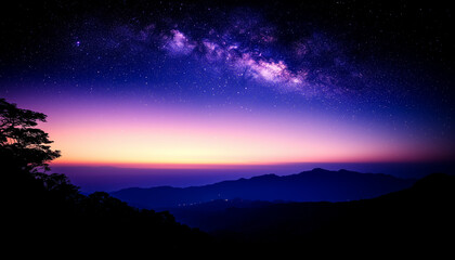 Starry Sky with Milky Way and Silhouetted Mountains in Vibrant Night Landscape