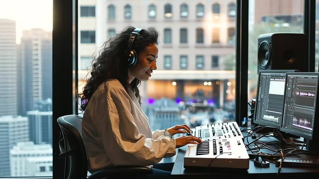 Happy Young Woman Recording Podcast in Modern Studio with View