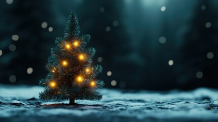 Beautifully adorned christmas tree glows warmly in serene, snowy forest, with delicate snowflakes falling around it, capturing the essence of the holiday season.