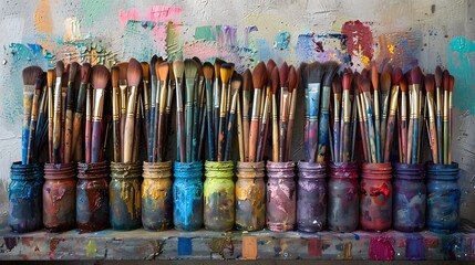 Fototapeta premium Brushes in a jar display paintbrushes arranged. AI generated