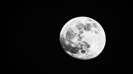 Fototapeta premium Black and white close-up of the moon reveals its craters and textures against dark backdrop, ideal for celestial themes and artistic designs.