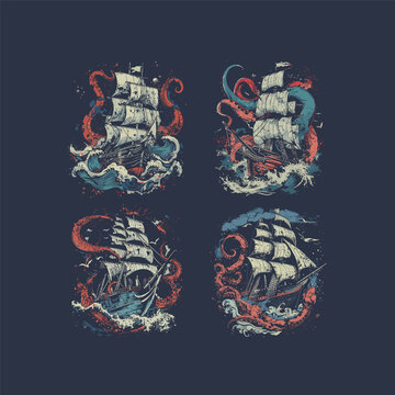 Kraken attacking ship logo design vector vintage