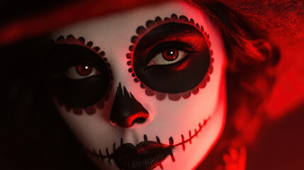 Close-up of woman adorned in sugar skull makeup, inspired by dide los muertos. dramatic red and black lighting enhances the mysterious atmosphere, highlighting her piercing eyes.