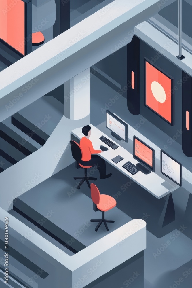 Aufkleber man working at a modern office desk with multiple screens and sleek design, ai