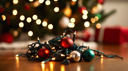 Naklejka premium Cozy holiday scene featuring colorful ornaments and glowing lights intertwined with baubles, set before beautifully decorated tree, radiating warmth and festive spirit.