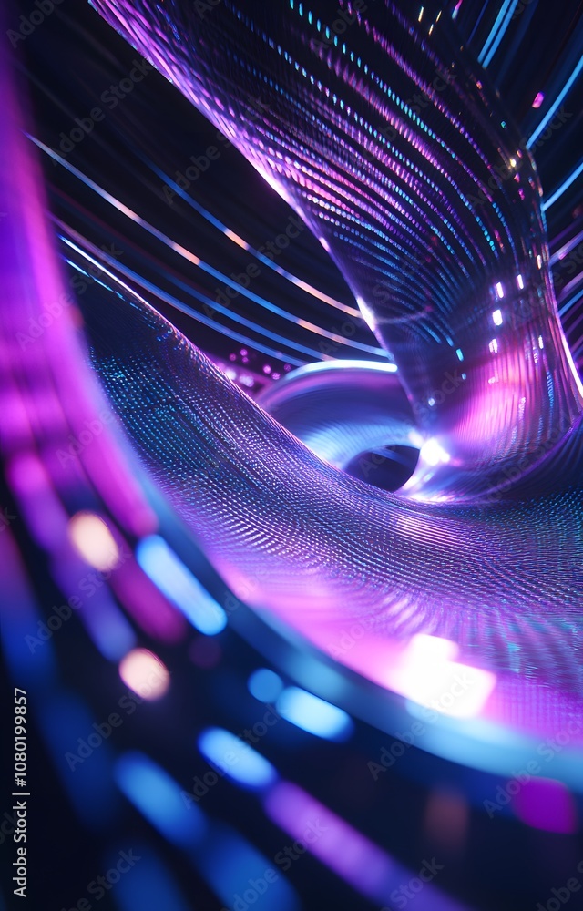 Poster 77. a futuristic 3d display with dynamic glowing lines and abstract shapes, offering a wide space fo
