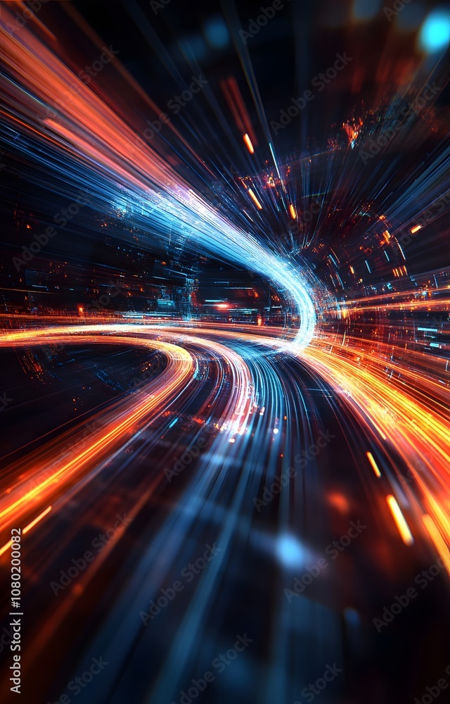 Poster 77. a futuristic 3d display with dynamic glowing lines and abstract shapes, offering a wide space fo