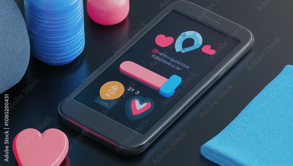 Poster A smartphone displaying a playful app interface with hearts and colorful icons.
